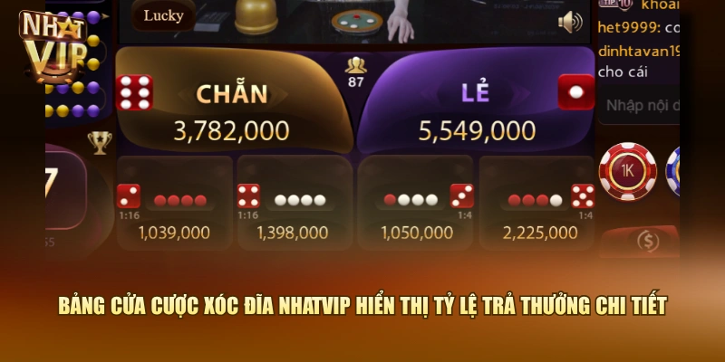 Bảng cửa cược Xóc Đĩa Nhatvip hiển thị tỷ lệ trả thưởng chi tiết