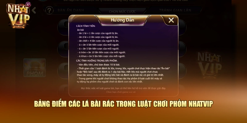 Bảng điểm các lá bài rác trong luật chơi Phỏm Nhatvip