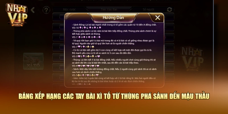 Bảng xếp hạng các tay bài Xì Tố từ Thùng Phá Sảnh đến Mậu Thầu